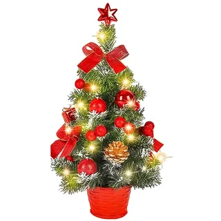 Mini Weihnachtsbaum Beleuchtet, Afenau 40cm Kleiner Weihnachtsbaum mit Beleuchtung, Tisch Weihnachtsbaum, Künstlicher Weihnachtsbaum Klein für Weihnachtsdekoration, Zuhause, Büro(Rot)