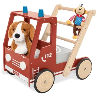 Pinolino Lauflernwagen Feuerwehrauto Fred, mit Bremssystem, gummierten Holzrädern und herausnehmbarer Box, rot