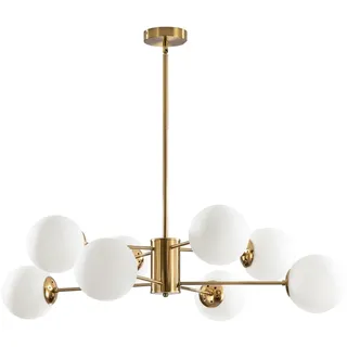KCO Lighting 8-flammiger Sputnik-Kronleuchter aus Weißem Glas, Moderne Goldene Sputnik-Kronleuchter für das Wohnzimmer, Goldene Vintage-Pendelleuchte mit 8 Lichtern für die Kücheninsel