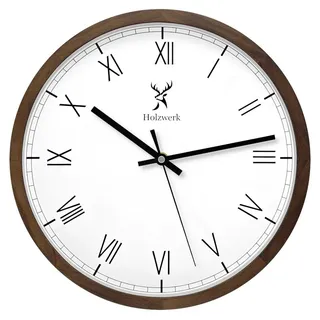 Holzwerk Germany Natur Holz Wanduhr Holz-Uhr Vintage lautloses Uhrwerk ohne Tickgeräusche römische Ziffern Braun Weiß lautlos aus handgefertigtem Massivholz Natur 30 cm (Römisch.Braun)