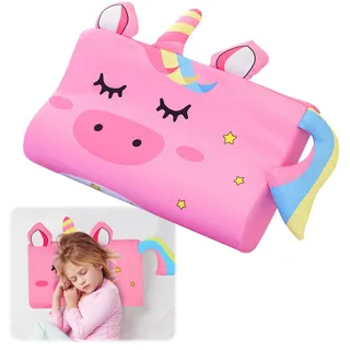Yuragim Schlummerkids Kissen Kinder, Calmly Kinderkissen 46 x 26 cm, Kawaii Tiere Kinderkopfkissen, Memory Atmungsaktiv Komfortkissen Ergonomisches Kissen Kinder mit Kühlender Kissen Bezug (Einhorn)