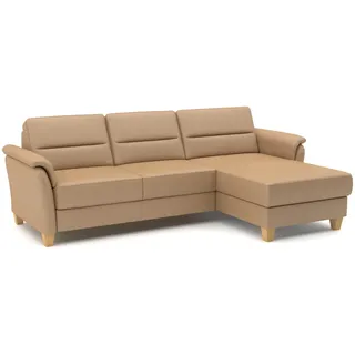 CAVADORE Leder-Eckcouch Palera mit Longchair / Landhaus-Sofa mit Federkern, Schlaffunktion + Bettkasten / 244 x 89 x 163 / Leder Beige