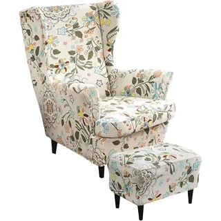 ZGantrix Ohrensessel überzug mit Hocker Bezug, 2 Teilig Sessel-Überwürfe+1 Teilig Ottomane Schonbezug, Beige/Grün/Rosa/Blau Ohrensessel Schonbezüge Sesselhusse Stretch Tiger Stuhlbezug mit Armlehne