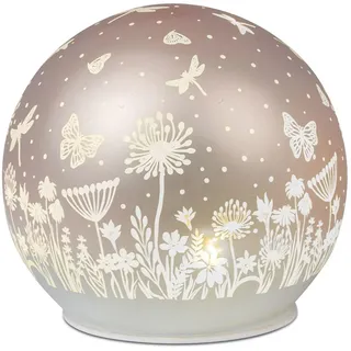 formano LED Deko Kugel Glas Peach Rosa 15cm Matte Glasleuchte mit Blumen-Dekor- Timer 6h/18h, batteriebetrieben (3× AA), stimmungsvolles Ambientelicht für Tisch, Fensterbank & Regal