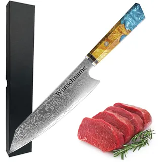 polar-effekt Damastmesser 20 cm Japanmesser 67 lagig mit gravierten Wunschname - personalisiert mit Gravur - Küchenmesser Damast-Stahl - Kochmesser - Extrem scharf für Hobby und Profiköche