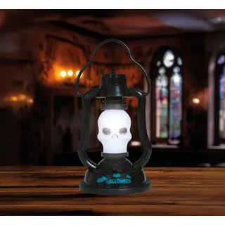 FIESTAS GUIRCA | Totenkopf Laterne mit Licht und Ton (15 cm) - Halloween Dekoration für Partys und Feiern - Beleuchtung und gruselige Effekte - Ideal für schaurige Atmosphären - Schwarz und Weiß