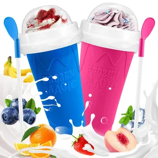 AuraFusion Slush Becher Cup Slushy Becher 2er Set Für Kinder Familien Studenten Für Zuhause Picknick Sommerfestival DIY Slush EIS Becher Mit Strohhalm Löffel