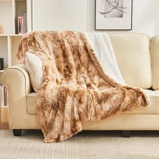 EMME Faux Kuscheldecke Flauschig, 220 x 240 cm, Felldecke, Pelz Wolldecke, Wohndecke, Super Weich, Plüschig, Warme Gemütliche Fleecedecke, Dicke, Elegant, Überwurf Für Sofa und Bett, Tie Dye Braun