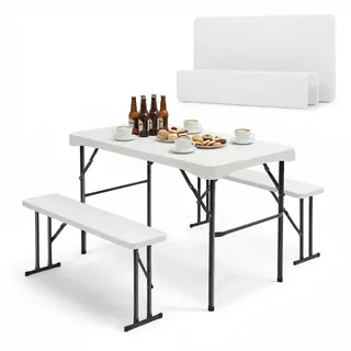 Sekey Bierzeltgarnitur Klappbar 3er Set – Tisch + 2 x Bank Set für 4 Personen, HxBxT: 70x113x61 cm, Kunststoff Klapptisch Set für Drinnen & Draußen (Weiß)