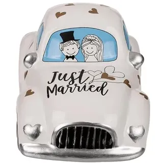 BLUECHOLON Spardose Auto Hochzeit Keramik Just Married mit Deckel und Schlüssel, Geldbörse, Sparschwein, Art Deco, Türkis, Hochzeitsgeschenk für Paare und Neuvermählte