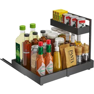 YunNasi Schrank Organizer Küche, 2 Etagen Unterschrank Organizer, Ausziehbare Schublade Küche, Erweiterbar Schrankregal für Bad, Gewürzregal (Schwarz)