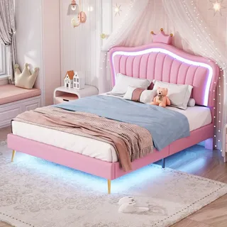 Flieks Polsterbett 140x200cm mit Lattenrost, Jugendbett Kinderbett mit Led, Doppelbett mit Kronenformung, Holzbett Klassisches Bett, PU, Rosa - Rosa