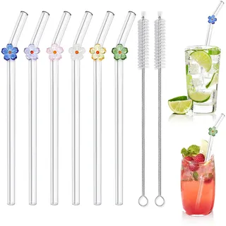 6 Stück Glasstrohhalme Lang, Strohhalme Glas Wiederverwendbar, Glasstrohhalm Gebogen, Glasstrohhalme mit Motiv, Trinkhalme Glas für Bubble Tea, Säfte, Cocktails, Smoothie, Milch, Kaffee (Blume)