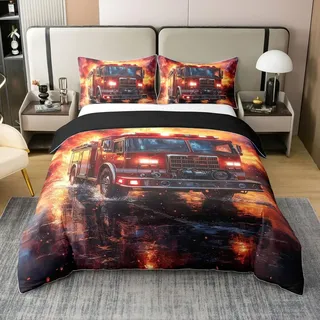 Homemissing Feuerwehr 100% Baumwolle Bettwäsche Set 135x200cm Kinder Feuerwehr Auto Fahrzeug Betten für Kinder Jungen Mädchen Feuerwehr Bettbezug Feuerwehr Bettwäsche-Set Betten