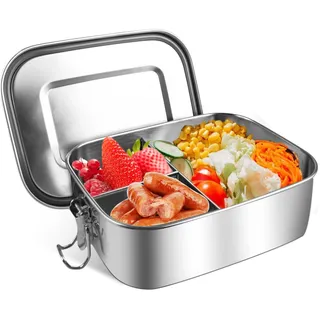 HOSPAOP Edelstahl Brotdose mit Fächern, 1400ml Lunchbox Metall Vesperdose Auslaufsicher mit 3 Fächern, Bento Box Jausenbox Brotbox für Kinder Erwachsene