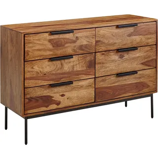FineBuy Massivholz Schubladenkommode 120cm Sheesham Natur Design Kommode mit 6 Schubladen Sideboard Metall schwarz