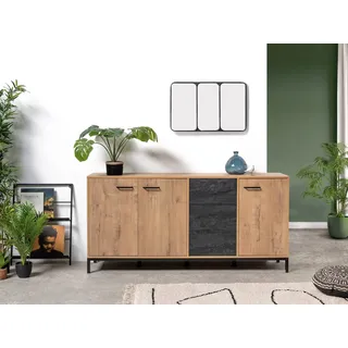 Muebles Pitarch | Industrielles Sideboard für Wohn- und Esszimmer, Buffet, Beistellschrank, 3 Türen und 3 Schubladen, Schwarz und Eiche Gold, 85x180x40 cm, Speisekammer, Küche, Büro, Druckverschluss oder Push-Pull, Modern, Modell Paris