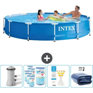 Intex Rundrahmen-Schwimmbecken – 366 x 76 cm – Blau – inklusive Pumpe Filter - Teststreifen - Sonnensegel