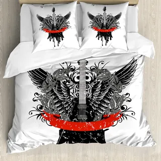 ABAKUHAUS Rockmusik Bettbezugs Set Für Doppelbetten, Gothic Gitarrenflügel, Milbensicher Allergiker geeignet mit Kissenbezügen, Scharlachrot Schwarz - Rot
