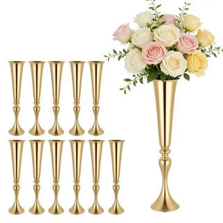 VEVOR 12 Stk. Hochzeitsvasen Tafelaufsatz Blumenvasen für Hochzeit 55 cm Hoch, Metall Tafelaufsatz Vasen mit Blumenständern, Trompete Vase Tischdeko für Hochzeiten Party Jubiläumsfeier Zeremonie, Gold