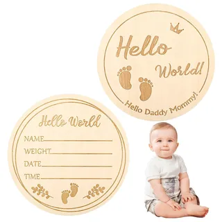 10cm Rundes Hello World Baby Holzschild, Ideal für Baby Shower Foto Requisiten, Kinderzimmer Wanddeko, Neugeborenen Willkommensschild - Hello World Baby Schild, Baby Geburts Schild