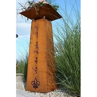 Rostikal Edelrost Gartendeko Säule 1,15 m „Wo die Liebe wohnt“ Metall Deko Pflanzsäule mit Blumenschale