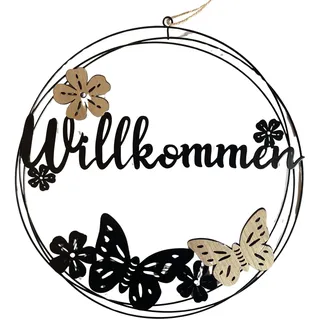 Türkranz Willkommen ganzjährig – aus Metall und Holz mit Schmetterling Motiv – dekorativer Kranz für Haustür, Eingang, Garten, Frühling, Sommer, Herbst, Winter