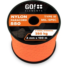 GO!elements 100m Paracord Seil aus reißfester Nylonschnur - 4mm Paracord 550 Typ III Schnur - Allzweckseil & Reepschnur - Max. 250kg, Farbe:Orange-Reflektierend