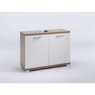 byLIVING Waschbeckenunterschrank NEBRASKA / Sonoma Eiche-Optik hell-braun / 2 Türen Hochglanz weiß lackiert / Bad Waschtisch Unterschrank stehend / WABU 2-türig / B 80, H 59, T 31,5 cm