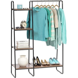 Iris Ohyama Kleiderständer mit Holzregalen, 4 Ebenen, Schwarz, Modernes, Robuster Rahmen, Rutschfest, Für Schlafzimmer, Studio, Schrank, Kleidung & Schuhe, Wäscheständer, Einfacher Aufbau, PI-B3