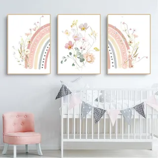 Herfair 3er Set Poster Regenbogen Blume Bilder Kinderzimmer Deko, Boho Wandposter, Bilder Set Junge Mädchen Babyzimmer Kinderbilder, Ohne Rahmen (50x70cm)