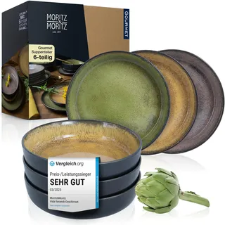 Moritz & Moritz VIDA 6er Suppen Teller Set Gelb-Grün-Rosa - Suppenteller für 6 Personen - Porzellan spülmaschinen- und mikrowellengeeignet