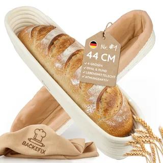 Backefix Gärkörbchen oval 44cm für Baguette | länglicher Gärkorb handgefertigt aus Rattan mit Leinentuch | hochwertiges Brotbackzubehör ideal zum Brot backen für Hobbybäcker
