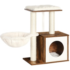 FEANDREA WoodyWonders Kleiner Katzenbaum für Kätzchen, Moderner Katzenturm für Indoor-Katzen, Katzenhaus mit Kratzstämmen, Abnehmbare Waschbare Kissen, Rustikales Braun UPCT122X01