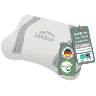 hERZtal Ergonomisches Nackenkissen für Seitenschläfer – Butterfly Schlafkissen höhenverstellbar durch 4-Schicht-System – Atmungsaktives Visco Kissen gegen Nackenschmerzen – Oeko-TEX® Made in Green