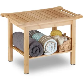 Relaxdays 10020949 Badezimmer Bank Bambus, Sitzbank Bad, Ablage Badhocker Holz, Badezimmermöbel, natur, 40 x 66 x 45 cm