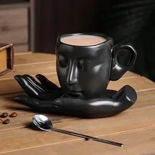 SJTJSPX Kaffeetasse Porzellan Kaffeebecher mit Unterteller und Löffel, für Tee Kaffee Cappuccino Milch, Wasser, Kreative Skulptur Gesicht Espressotassen für Mutter freundin Geburtstag Valentinstag