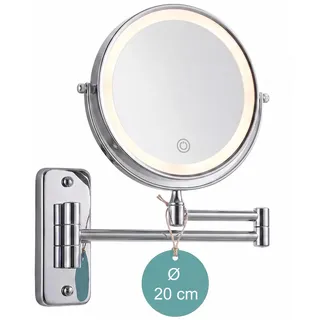 Relaxdays Kosmetikspiegel Wand, mit LED-Beleuchtung, 10-fach, 360° drehbar, Ø 20 cm, Metall, Akku, USB, silber - Silber