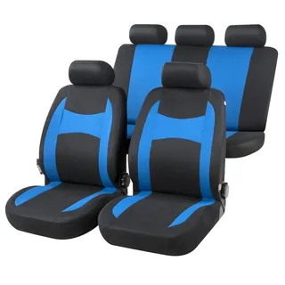 Walser Auto-Sitzbezug Fairmont, Universal-Sitzbezug Komplett-Set, PKW-Sitzbezüge, 2 Vordersitzbezüge, 1 Rücksitzbankbezug schwarz/blau