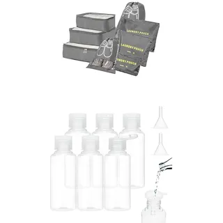 Bundle of Koffer Organizer Reise Kleidertaschen,8-in-1 koffer Organizer Set,Packing Cubes (Grau) Reiseflaschen zum Befüllen 100ml, 6 Stück Liquid Flaschen zum Befüllen mit 2 Kleinem Trichter