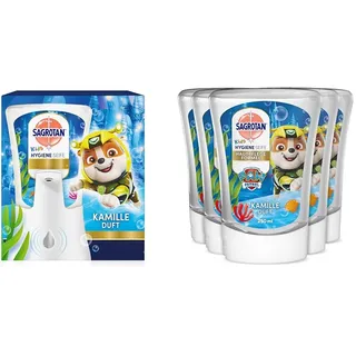 Sagrotan No-Touch Kids Hygiene Seife Automatischer Seifenspender inkl. Nachfüller Kamille – 1 x 250 ml + Kids No-Touch Nachfüller Kamille für den automatischen Seifenspender – 5 x 250 ml