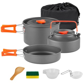 yETO Camping Kochtopf Set Alu-Topfset Wasserkocher mit Netztasche für Rucksackreisen, Camping Kochgeschirr Wandern und Picknick für 2-3 Personen