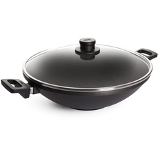 Woll Nowo Titanium Wok- und Rührpfanne mit Glasdeckel in Box - Induktiv -, Ø 36 cm, 11 cm hoch, mit 2 Seitengriffen - Geeignet für alle Herdarten