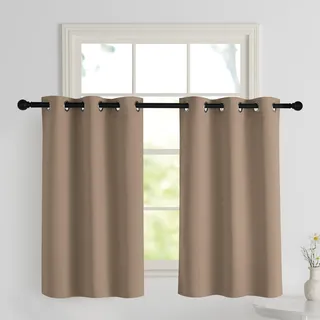 PONY DANCE Verdunklungsvorhänge mit Ösen 2er Set Scheibengardinen Blickdicht Thermovorhang Kurze Gardinen für Küche/Badezimmer Fenster, H 90 x B 106 cm, Cappuccino