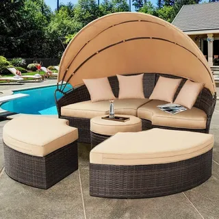 Polyrattan Sonneninsel 180cm Gartenmuschel Sonnenliege Loungebett braun/beige - Braun
