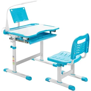 Kindertisch Kinderschreibtisch Set mit Bücherständer & LED-Licht für Jungs & Mädchen Blau - Blau