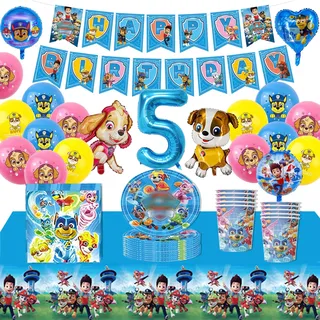 92PCS Partygeschirr Set für Kindergeburtstag, Dog Patrol Geburtstag Deko 5 Jahre, Dog Paw Kindergeburtstag Geschirr Set mit Luftballon, Banner Pappteller, Becher, Servietten, Tischdecke für 10 Gäste