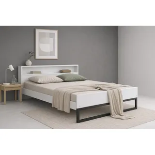 Massivholzbett OTTO HOME "Pannor, Industrial Design, mit Regal, Lattenrost inklusive", weiß, schwarz, weiß, B:145cm H:79cm L:216cm, Betten, Massivholzbett, Kufengestell, bis 200 kg belastbar, FSC-zertifiziert, Made in EU
