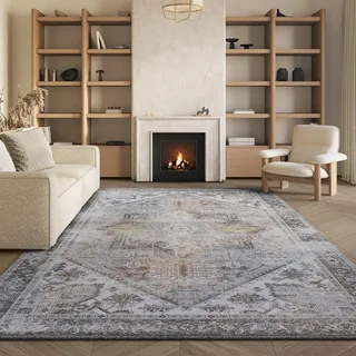 SAFAVIEH Traditionell Teppich für Maschinenwaschbar und rutschfest - Ideal für stark frequentierte Bereiche - Tucson Collection, Kurzer Flor, Beige und Grau, 200 X 300 cm