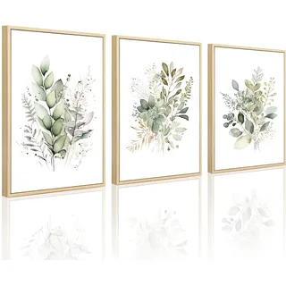 Joocrise Aquarell Botanische Wandkunst, Set mit 3 Boho-Blumen, Leinwand, Wanddekoration, Drucke, Salbeigrün, Wildblume, Wandkunst, moderne Blumenbilder, botanische Malerei für Schlafzimmer,